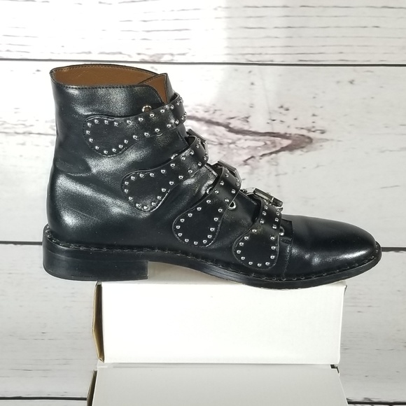 Black Studded Buckled Ankle Biker Boot - Picture 3 of 7